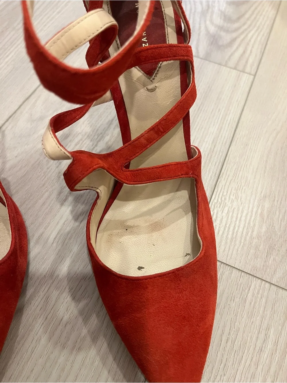 Zara Red Suede Strappy Pointed-Toe Women's Heels - Picture 3 of 6